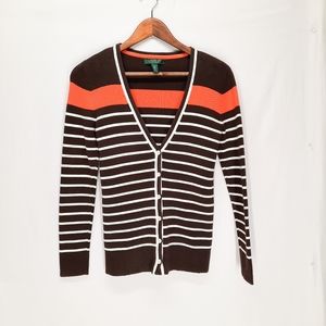 lauren ralph lauren brown cardigan with orange and white stripes women